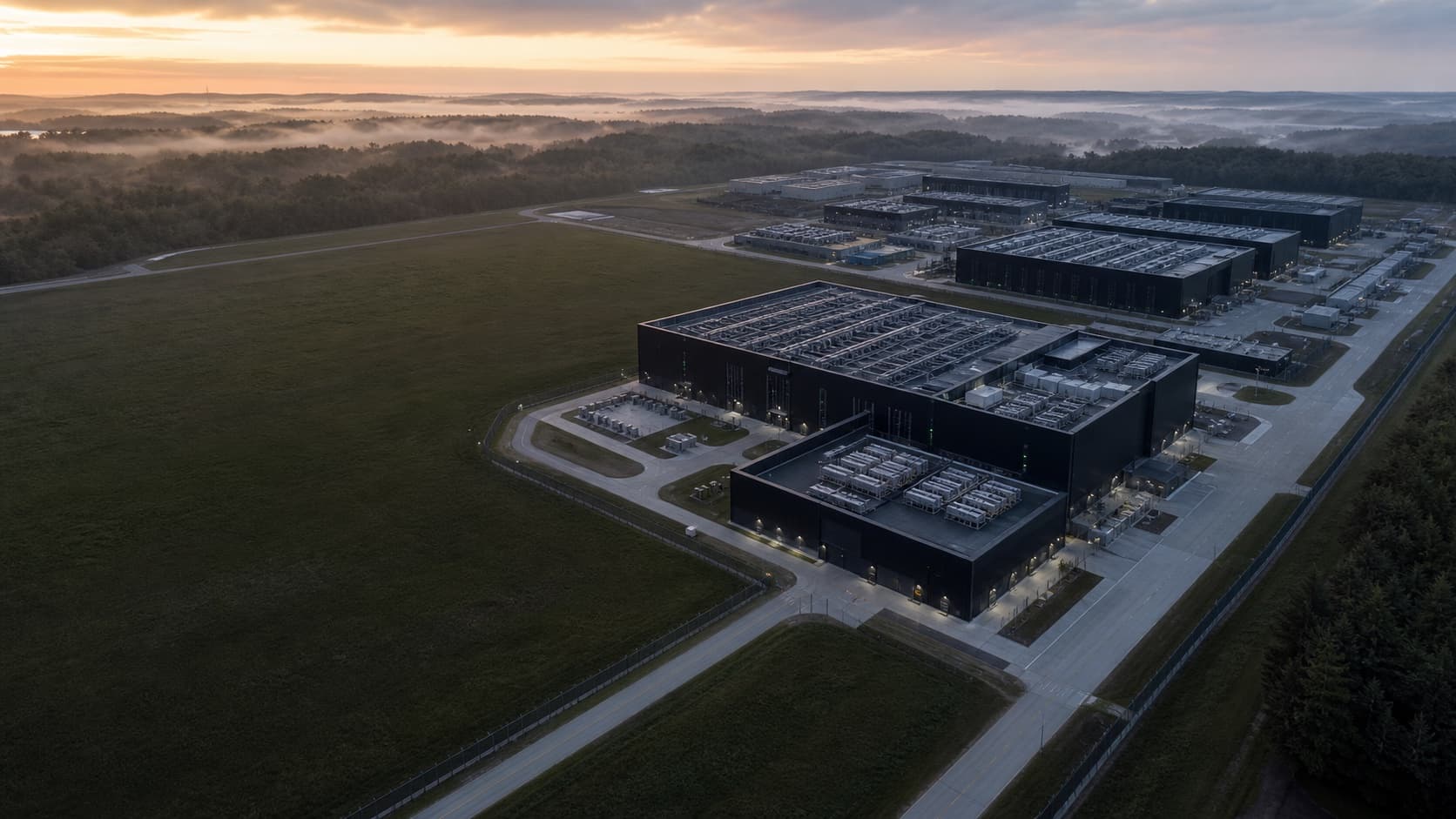 Aerial view of a secure black data center campus at dawn