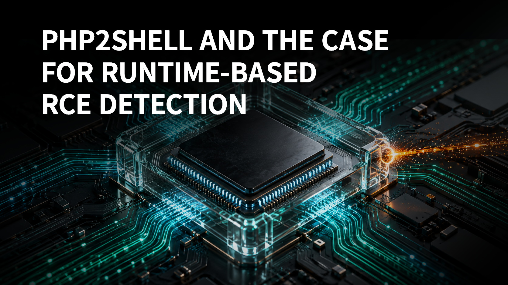 PHP2Shell runtime-based RCE detection title above a protected processor and illuminated circuits